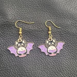 Witchy cat bat enamel earrings gold tone hooks purple black & white design